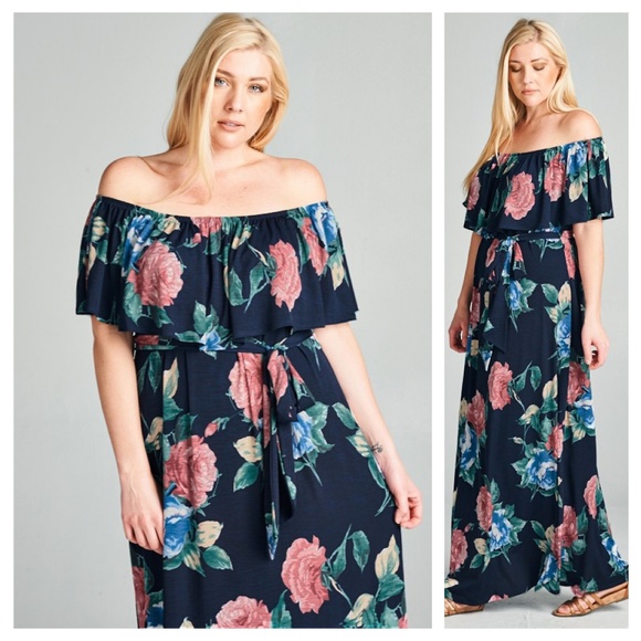 Navy Floral Off-Shoulder Ruffle Maxi - Picture 2 of 2